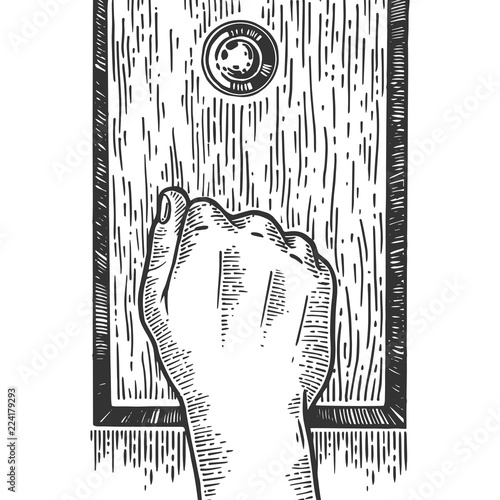 Hand knock door engraving vector illustration. Scratch board style imitation. Black and white hand drawn image.