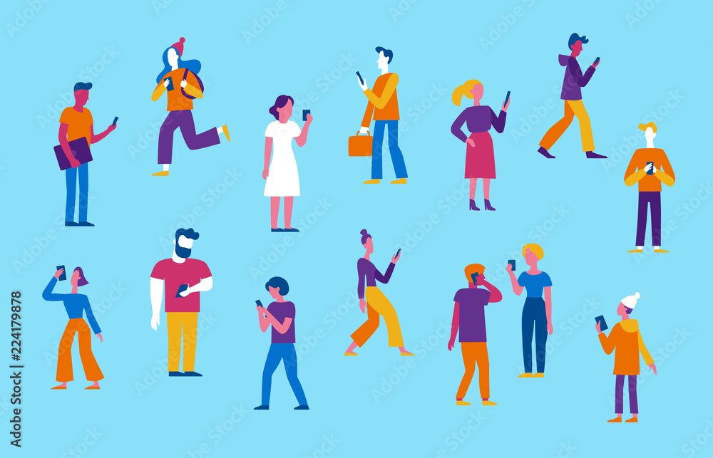 Vector illustration in flat style - men and women walking and holding mobile phones - smartphone addiction concept Vector illustration in flat style - men and women walking and holding mobile phones - smartphone addiction concept
