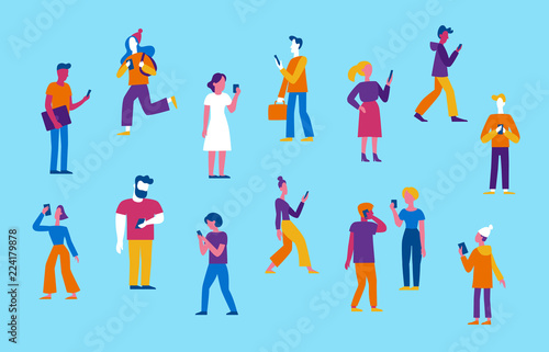 Vector illustration in flat style - men and women walking and holding mobile phones - smartphone addiction concept