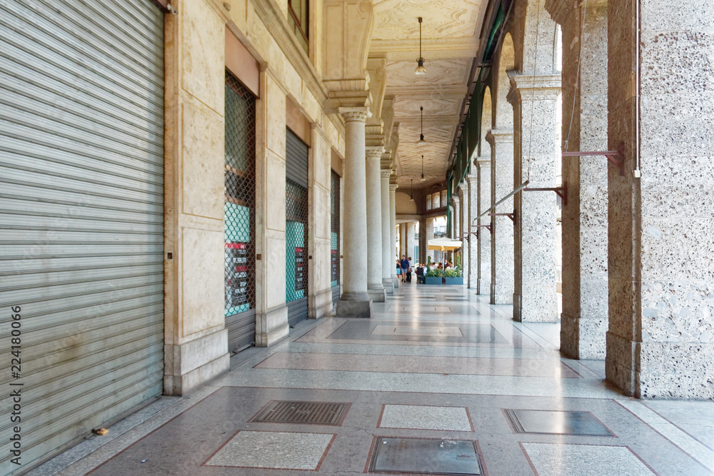 Milan, Italy August 20, 2018: Arch with columns on the streets of the city.