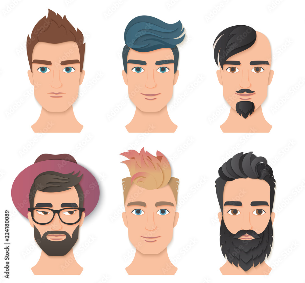 Male portrait avatar face set vector illustration. Young stylish man faces with various beards and hairstyle. Trendy paper layered cut art. Origami beauty fashion concept logo. Male portrait avatar face set vector illustration. Young stylish man faces with various beards and hairstyle. Trendy paper layered cut art. Origami beauty fashion concept logo.