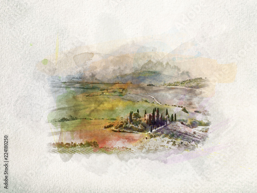 Tuscany landscape at sunrise in watercolors.