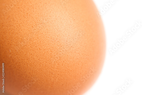 Part of brown chicken egg on white (isolated) background. Close up