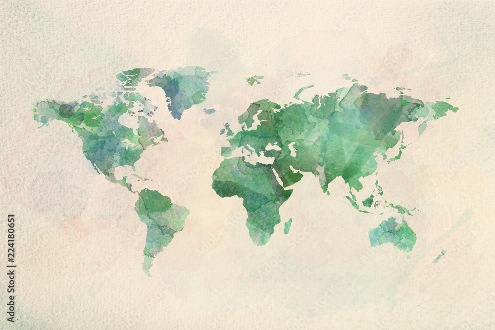 Watercolor vintage world map in green colors - obrazy, fototapety, plakaty 