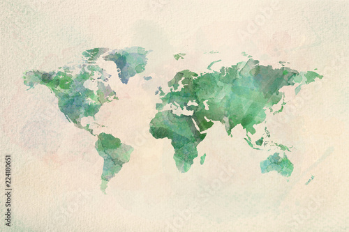 Canvas Print Watercolor vintage world map in green colors