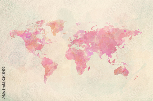 Canvas Print Watercolor vintage world map in pink colors