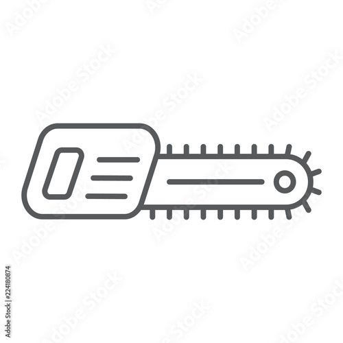 Chainsaw thin line icon, tool and equipment, electric saw sign, vector graphics, a linear pattern on a white background.