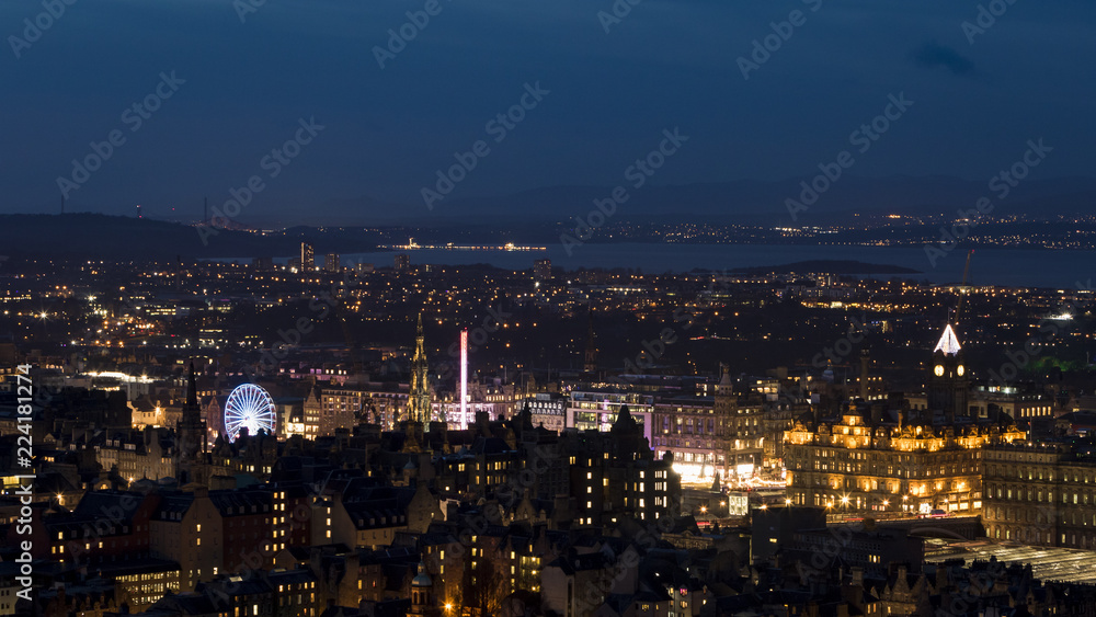 Edinburgh City Skyline with Christmas Market lit up at night