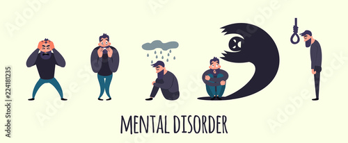 Group of people with psychology or psychiatric problem. Illness men in anxiety disorder. Phobia, suicide, fear and other mental disorder vector illustration.