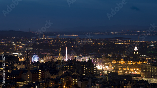 Edinburgh City Skyline with Christmas Market lit up at night