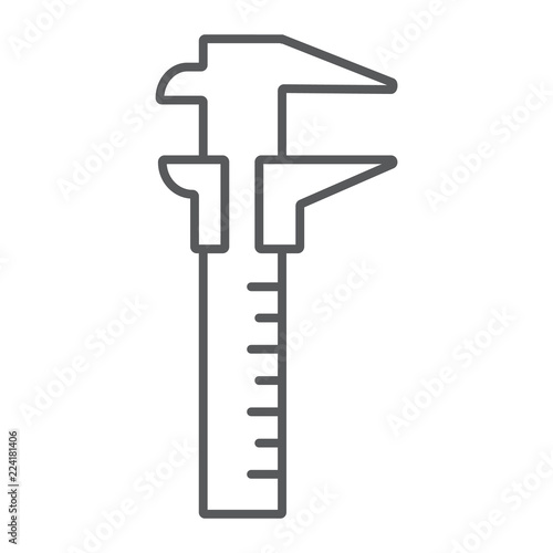 Vernier caliper thin line icon, tool and instrument, gauge sign, vector graphics, a linear pattern on a white background.