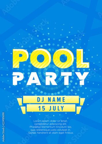 Vertical blue pool party background with color graphic elements and text.  