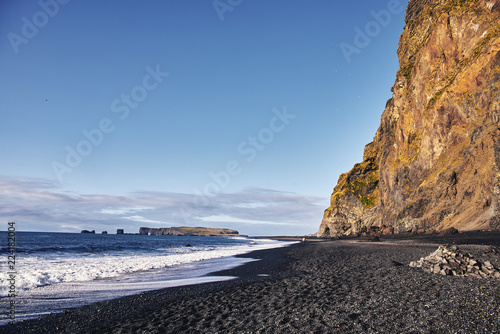 view of the shore with black sand in Iceland