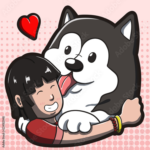 Vector illustration of an Asian girl hugging a big Alaskan Malamute dog. Cartoon drawing with red halftone background.