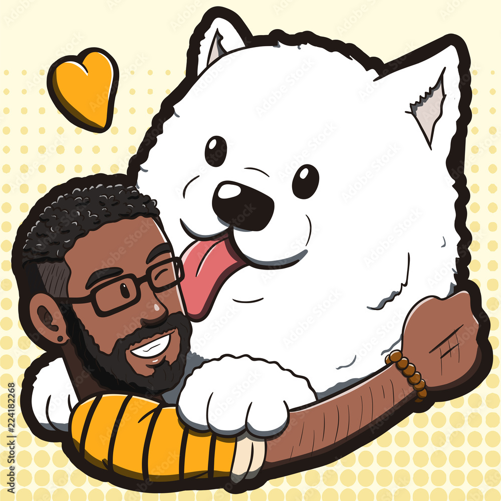 Vector illustration of a black man hugging a big white Samoyed dog. Cartoon drawing with yellow halftone background. Stock Vector | Adobe Stock Vector illustration of a black man hugging a big white Samoyed dog. Cartoon drawing with yellow halftone background. Stock Vector | Adobe Stock