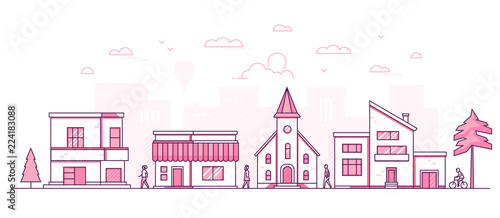 Town street - modern thin line design style vector illustration