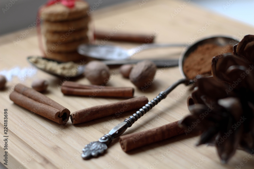 Template of making cookies. Baking Christmas Cookies with red ribbon. Christmas baking background. Template of making cookies. Baking Christmas Cookies with red ribbon. Christmas baking background.