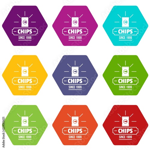 Chips icons 9 set coloful isolated on white for web