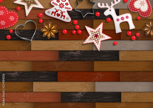 Christmas background with parquet pattern and decorations