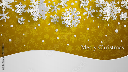 Christmas illustration with white three-dimensional paper snowflakes on yellow background with snowdrifts