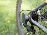 Closeup of a bicycle gears mechanism and chain on the rear wheel of mountain bike. Rear wheel cassette from a mountain bike. Close up detailed view.