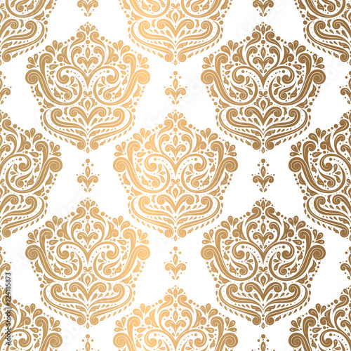Gold and white damask vector seamless pattern, wallpaper. Elegant classic texture. Luxury ornament. Royal, Victorian, Baroque elements. Great for fabric and textile, wallpaper, or any desired idea.