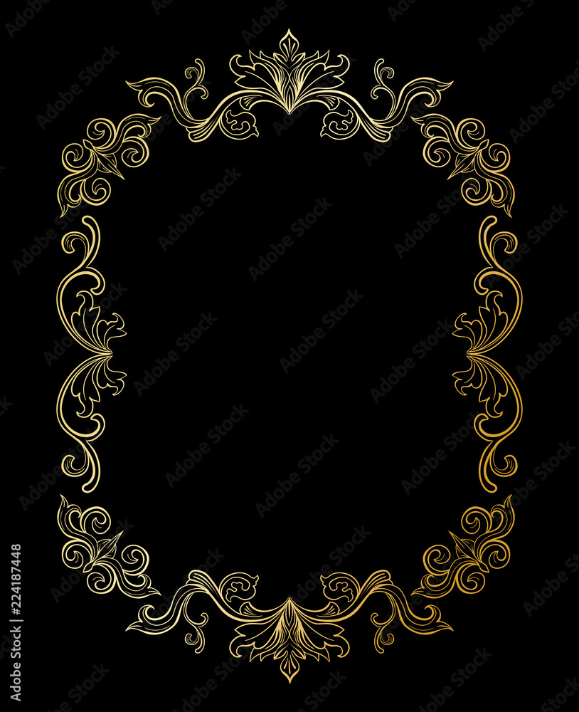 Golden Floral border or Frame for picture. Gold Italian vintage ornament for photo. Isolated Retro divider with swirl for greeting card or wedding. Royal, luxury flourish, headpiece template