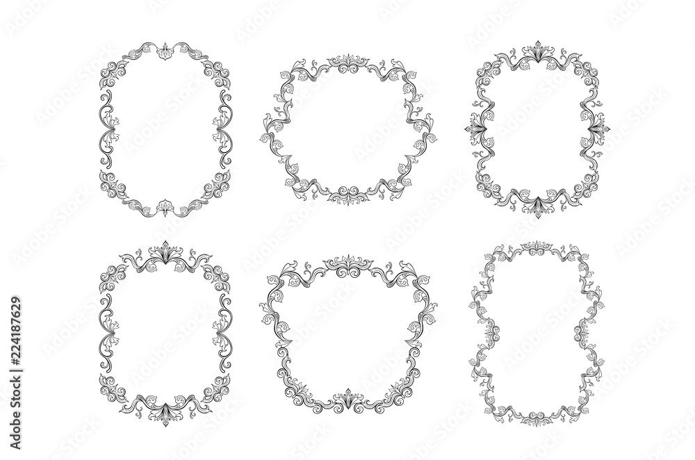 Set of Floral border for picture. Italian vintage ornament for photo. Isolated Retro divider with swirl for greeting card or wedding, decoration vignette. Royal flourish, headpiece template