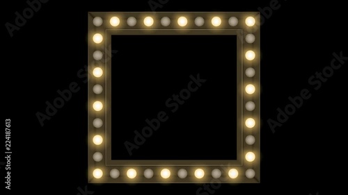 Tunnel Incandescent light bulb box frame square shape blink moving pattern, retro 3D virtual style illustration glow in dark background seamless looping animation 4K, with copy space