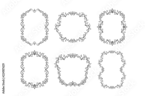 Set of Floral border for picture. Italian vintage ornament for photo. Isolated Retro divider with swirl for greeting card or wedding, decoration vignette. Royal flourish, headpiece template
