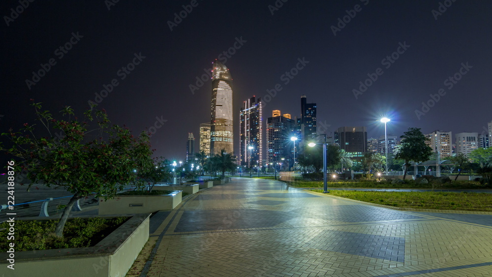 Skyscrapers in Abu Dhabi Skyline at night timelapse hyperlapse, United Arab Emirates