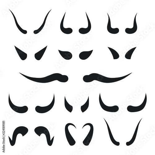 Set of horns icons, black silhouettes on white background. Vector illustration.
