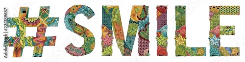 Word SMILE with hashtag. Vector decorative zentangle object