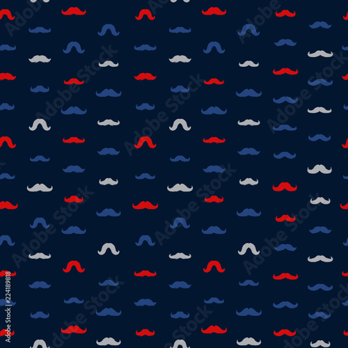 Mustaches Seamless Patterns for November Holiday Wrapping Paper. Vector Red, Blue and Grey Moustache Silhouettes for Fabric Textile Design. Cinco de Mayo, Vintage Mustaches Design. Dark Background