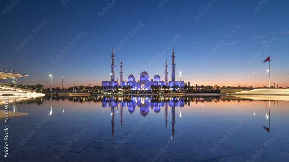 Sheikh Zayed Grand Mosque in Abu Dhabi day to night timelapse after sunset, UAE