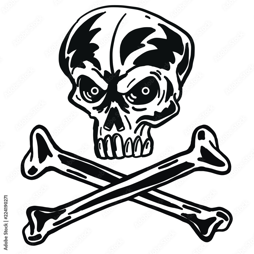 Bad horror skull with evil eyes and crossbones. Black and white. Vector black logo template ll vector. Dark t-shirt design. Pirate Symbol Bad horror skull with evil eyes and crossbones. Black and white. Vector black logo template ll vector. Dark t-shirt design. Pirate Symbol