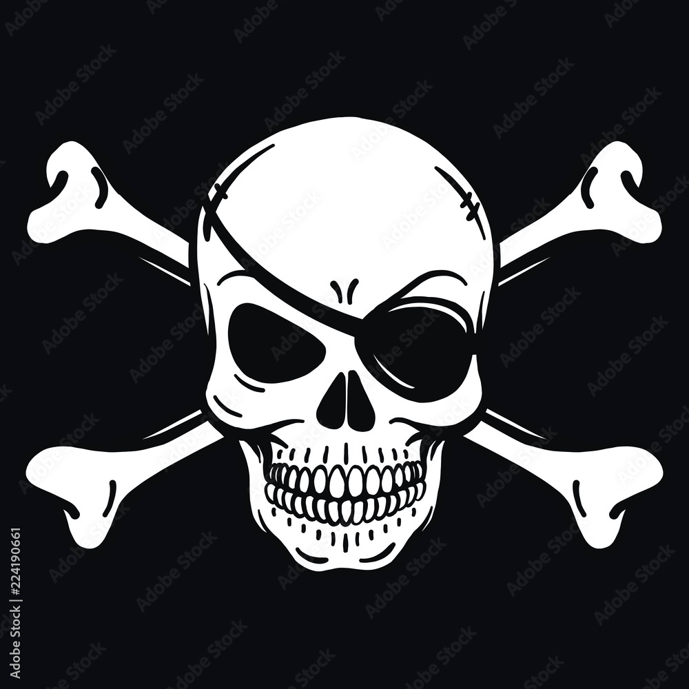 Bad skull Skull with eye patch and crossbones. Black white on pirate flag. Vector logo template. Bad skull vector. Dark t-shirt design. Pirate icon on black background Bad skull Skull with eye patch and crossbones. Black white on pirate flag. Vector logo template. Bad skull vector. Dark t-shirt design. Pirate icon on black background