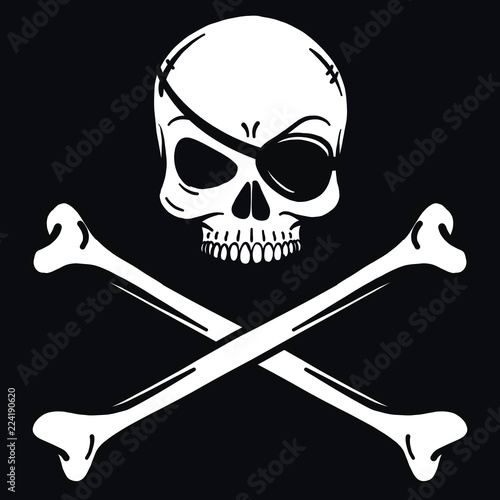 Bad skull Skull with eye patch and crossbones. Black white on pirate flag. Vector logo template. Bad skull vector. Dark t-shirt design. Pirate icon on black background