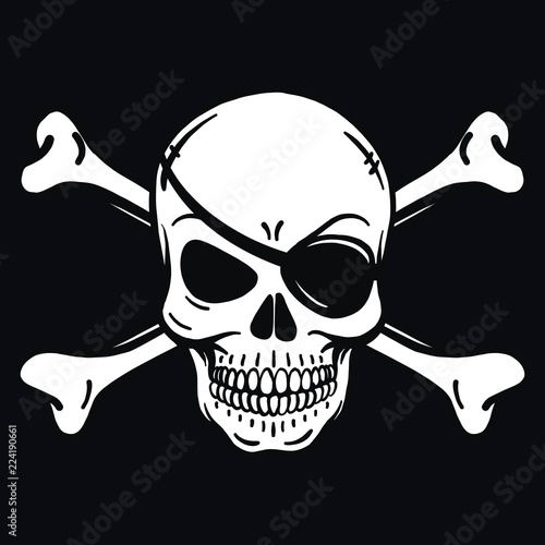 Bad skull Skull with eye patch and crossbones. Black white on pirate flag. Vector logo template. Bad skull vector. Dark t-shirt design. Pirate icon on black background