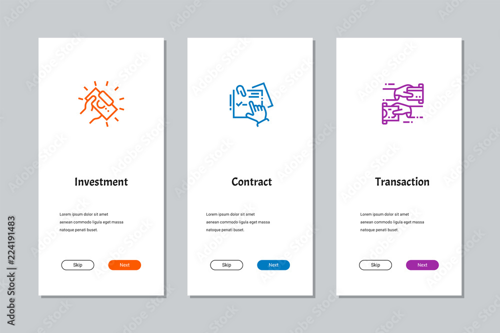 Investment, Contract, Transaction onboarding screens