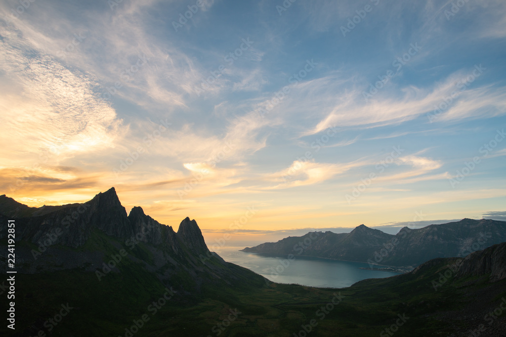 Mountains and fjord at sunset with copy space in Senja, Norway 