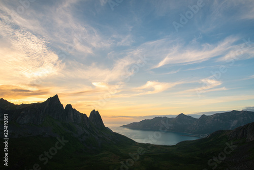 Mountains and fjord at sunset with copy space in Senja  Norway 