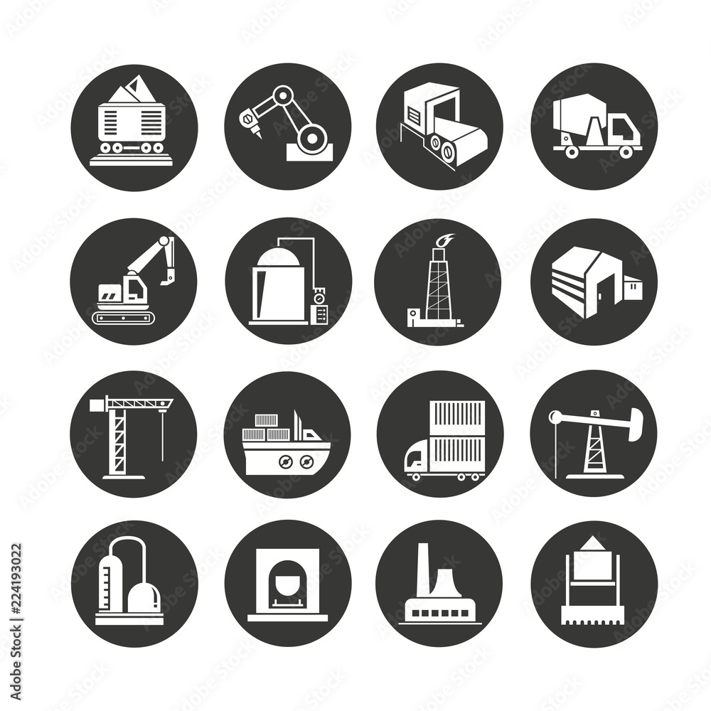 industrial building icon set in circle buttons industrial building icon set in circle buttons