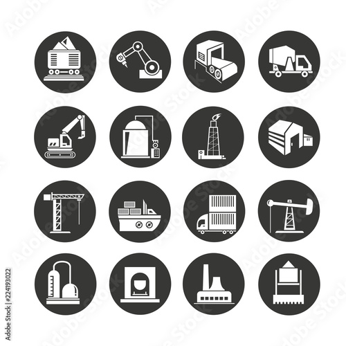 industrial building icon set in circle buttons