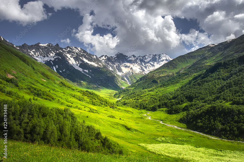 Alpine mountains landscape on bright sunny summer day. Grassy meadow on hillside with mountain river and rocky mountain covered by snow. Blue sky with clouds over mountain range. vibrant highlands