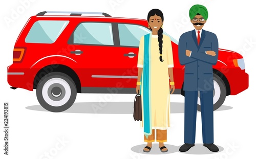 Business concept. Couple of indian businessman and businesswoman standing together near the car on white background in flat style. Design people character. Vector illustration.