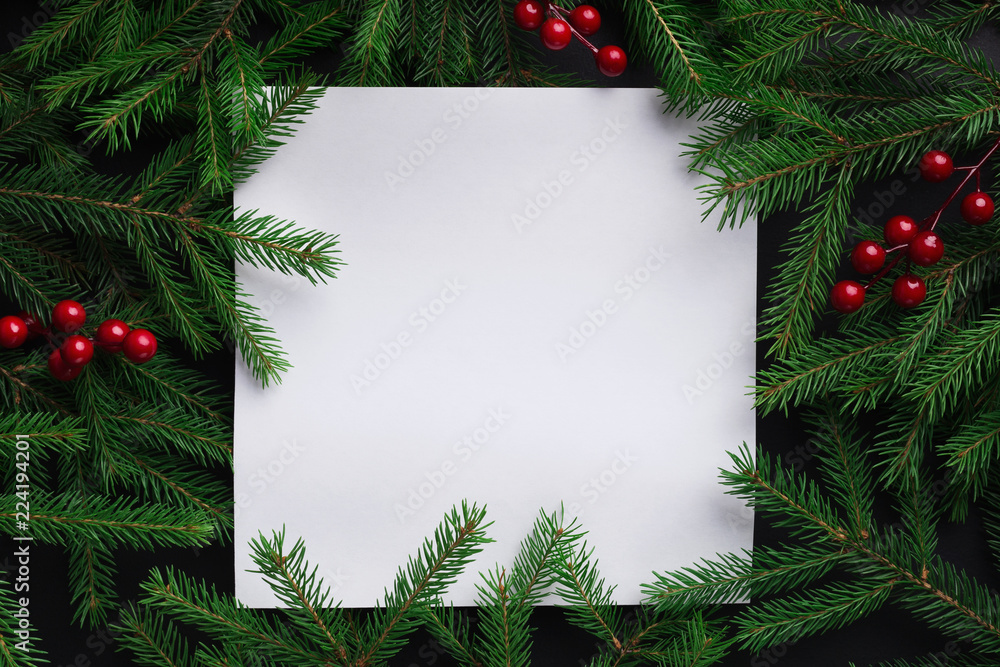 Fir tree branches with red christmas balls frame Fir tree branches with red christmas balls frame