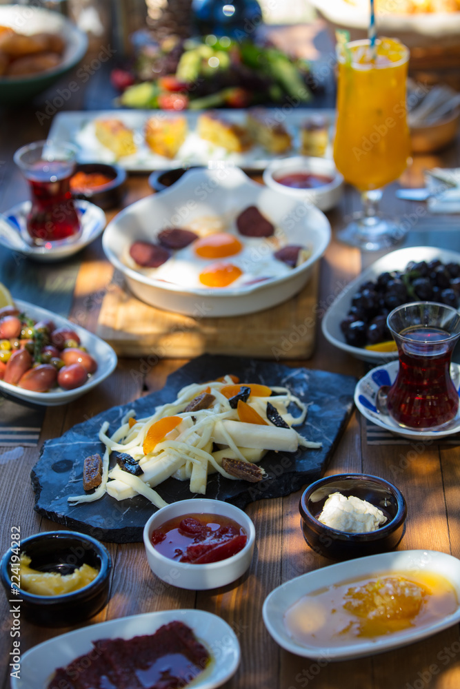 travel concept setup with traditional turkish breakfast