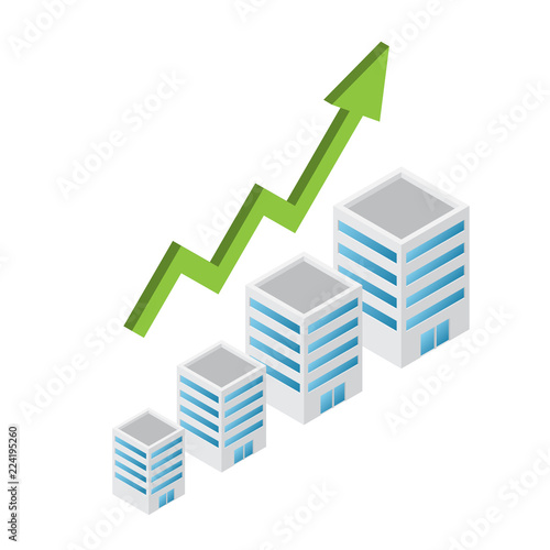 Growing up of real estate with arrow, isometric infographic vector
