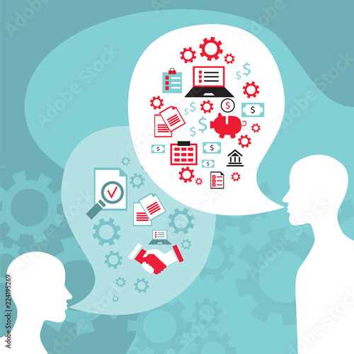 Two people surrounded by speech bubbles, gears, arrows and icons